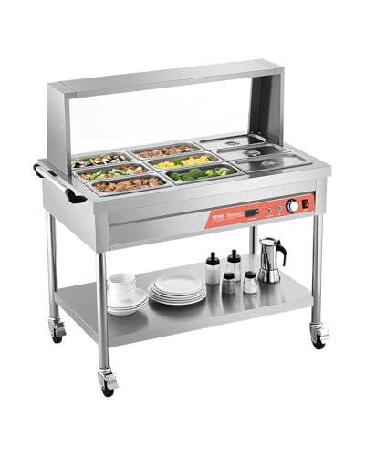 VEVOR 9-Pan Commercial Food Warmer, 9 x 1/3 Pans Electric Steam Table, 1500W Professional Buffet Catering Food Warmer with Shield Undershelf Wheels, Stainless Steel Server for Party Restaurant