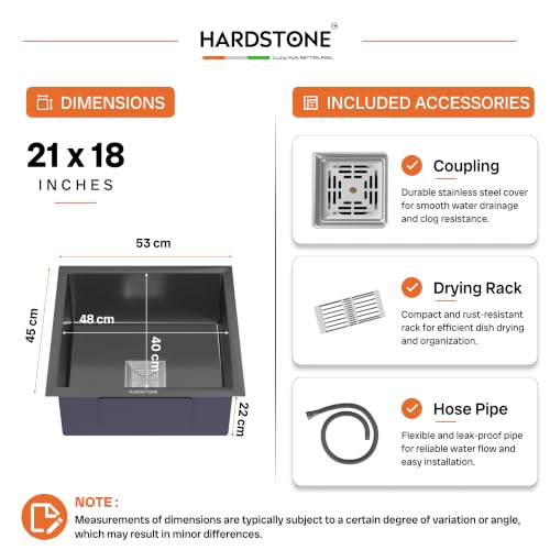 Image of HARDSTONE Premium Kitchen Sink | Single Bowl 21x18x9 Inch | Handmade Heavy Duty Stainless Steel Wash Basin with Matte Black Finish | Includes Waste Hose Pipe, Square Coupling & Drying Rack | Black
