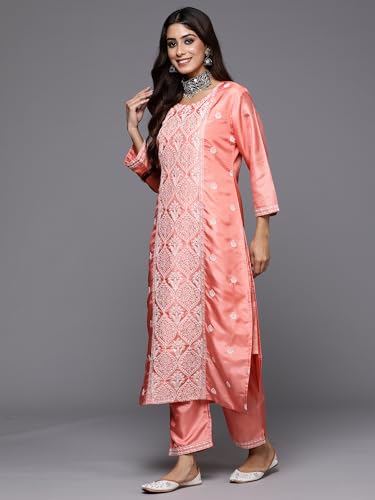 Image of INDO ERA Women's Embroidered Silk Blend Calf Length Straight Kurta Trouser With Dupatta Set (Kh9Ph7570)