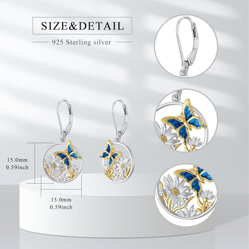 Dorunmo Butterfly Earrings for Women 925 Sterling Silver Daisy Flower Dangle Drop Leverback Earrings Butterfly Jewelry Gifts for Women2