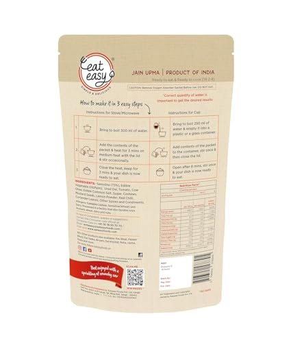 Image of Eat Easy Ready To Eat Jain Upma- 85gm | Just Add Water and Cook | No Onion, No Garlic, No Maida | Made with Suji, Ghee, Cashew | Freeze Dehydrated Instant Healthy & Delicious Upma for Travel, Hostel, Trekking, Camping, Hiking | Supports Digestion, Good Source of Nutrition, Iron