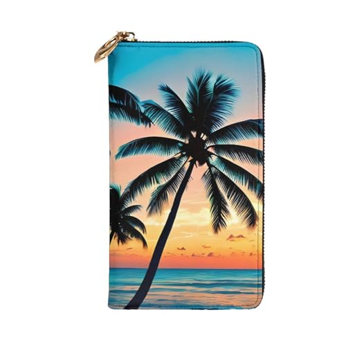 Sunset Ocean with Tropical Palm Trees Twilight Scenery Prints Leather Long Clutch Wallet for Fashionable Girls and Women - Durable, Stylish, and Functional, Black, One Size2