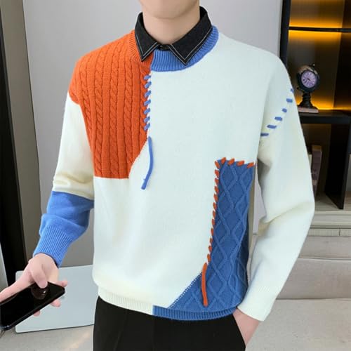 Men's Lapel Collar Color Block Patchwork Knit Sweater Crochet Knitted Lightweight Long Sleeves Pullover Sweaters3