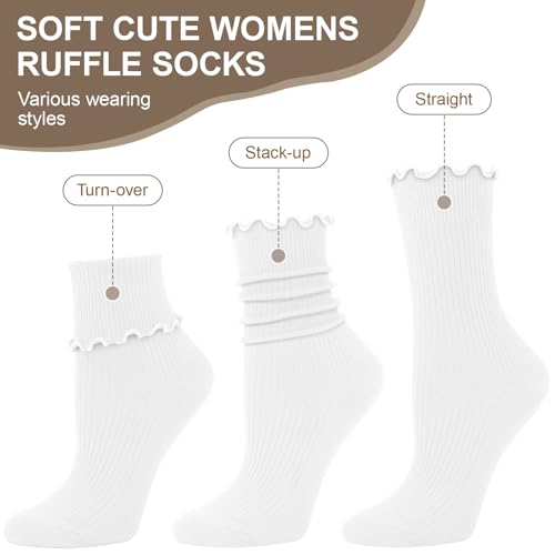 DRESHOW Ruffle Socks Woman Cute Turn-Cuff Casual Ankle Socks Breathable Lettuce Crew Knit Frilly Sock 6 Pack3