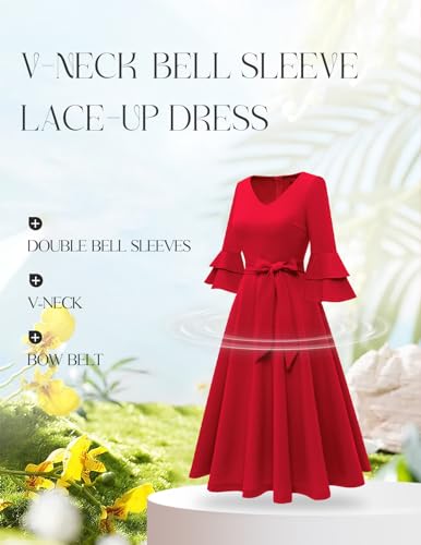 Image of DRESSTELLS Women's Cocktail Dress Summer Wedding Guest Party Vintage 3 /4 Bell Sleeve V Neck A-Line Dress