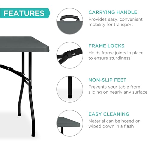 Image of Best Choice Products 6ft Plastic Folding Table, Indoor Outdoor Heavy Duty Portable w /Handle, Lock for Picnic, Party, Camping - Dark Gray