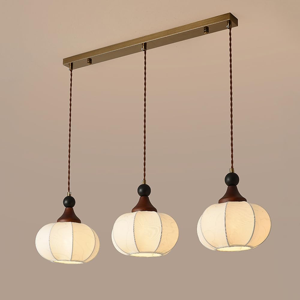 HUAYUSEDF Vintage Wood Chandelier for Farmhouse 3-Lights Mid Century Fabric Bedroom Pendant Light Fixture Modern Nordic Kitchen Island Indoor Hanging Lamp for Living Room Dining Bar Counter(3-Lights)