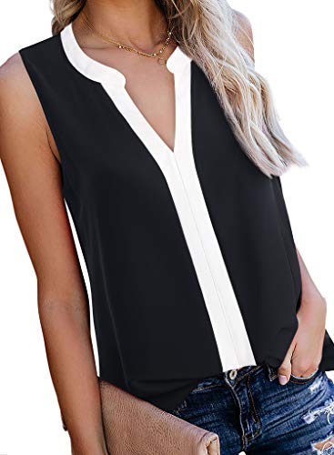 Gaharu Womens Sleeveless Tops and Blouses V Neck Tunic Length Shirts Color Block Chiffon Work Tank Black,Large