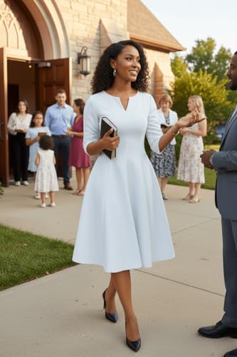 Image of Nmoder Midi Dresses for Women A-Line Fit and Flare Dress 3 /4 Sleeve V Neck Cocktail Wedding Guest Work Dress with Pockets