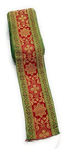 Image of Banarasi Brocade Silk Lace Border 9 Meter x 3.5 Inch Width, Golden Woven Zari Floral Jacquard Decorative Trim Ribbon for Saree Blouse Lehenga Dupatta Dress Kurti Craft Sewing Home Decoration (Green x Red, 9 meter)
