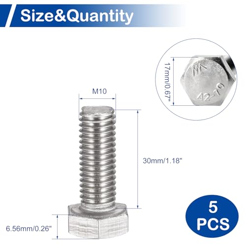Image of MroMax 5Pcs M10-1.5 Hex Bolts, M10 x 30mm Hex Head Screws Bolts, 304 Stainless Steel 18-8, Fully Threaded, External Hex Drive, for Mounting Chair, Rail, Wheels, Boat and Plastic Bumpers