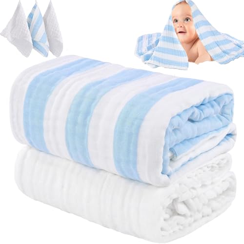 Image of HardNok Muslin Baby Bath Towel Set - 100% Organic Cotton 5-Piece Set (2 Large Towels & 3 Washcloths), 6 Layer Absorbent Gauze, Perfect Newborn (Blue Stripe)