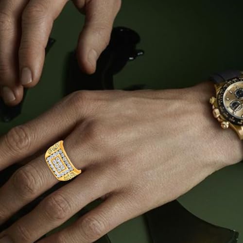 10K/14K/18K Yellow White Solid Gold Moissanite Rings for Men with Carve Design Statement Rings Size 5-15 Gift for Him or Dad3