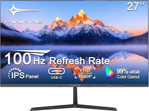 Minifire Monitor 27 Zoll Bildschirm im rahmenlosen Design IPS 100Hz USB Tpye-C FHD(1080P) sRGB110% 300 Nits FreeSync Eye-Care HDMI USB Type-C Anschlüsse unterstützt VESA - Schwarz