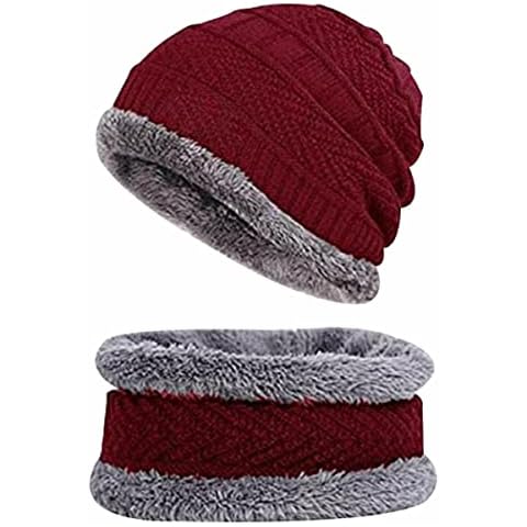 HOME GENIE Ultra-Soft Unisex Thick Fleece Lined Woolen Beanie/Skull Cap Plus Neck Warmer Muffler Scarf Set for Men/Women/Girl/Boy | Breathable, Warm, Snow-Proof, Windproof Hat - Red Cover