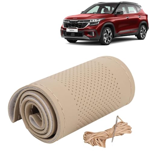 Image of KINGSWAY PU Leatherite Car Steering Cover Sewable Compatible with Kia Seltos (Year 2023 Onwards), Beige Color with Beige Thread, Pack of 1 with Sewing Needle and Thread