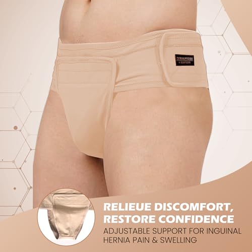 Image of Inguinal Hernia Supporter |HIGH COMPRESSION || Hook & Loop Closure || Scrotum Support || Gym & Daily Use Supporter || Relieve Pain and Swelling || Stretchable || Cotton-Lycra Fabric || Breathable Cotton-Lycra (Beige, XS)