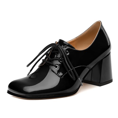 Women's Chunky Mid Heel Pumps - Square Toe, Lace-Up Design, Versatile Everyday/Party/Work Shoes (Solid Colors)