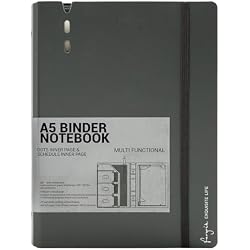 CAGIE A5 Binder 6 Ring Refillable Notebook with Dividers & Pockets | Daily Planning Square Ruled and Dotted Pages, Refill Paper Included, 6.89 x 9.25 In (Grey, A5 Daily & Dot Page)