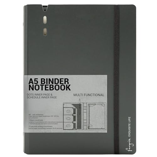 CAGIE A5 Binder 6 Ring Notebook with Dividers Refillable Planner Binder with Pockets Refill Paper Include Planning Square Ruled and Dotted Pages 6.89 x 9.25 In (Grey A5 Daily&Dot Page)