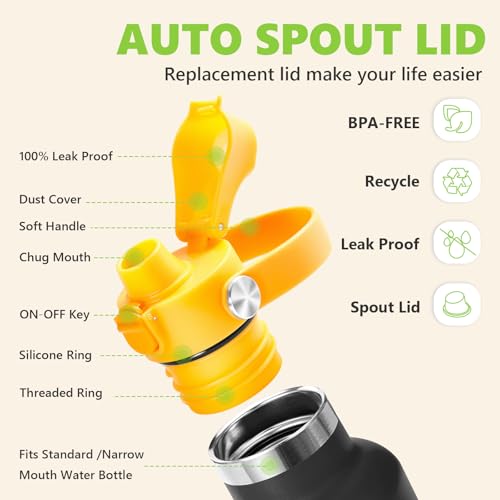 Image of EIPOSAU Auto Flip Lid for Hydro Flask Standard Mouth Bottle, Spout lid for HydroFlask Narrow Mouth Bottle, Replacement Lid with Button Lock
