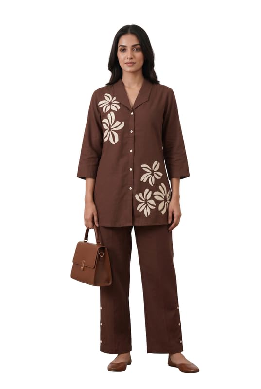 Women's Brown Embroidered Cotton Flex Co-ord Set-image-14
