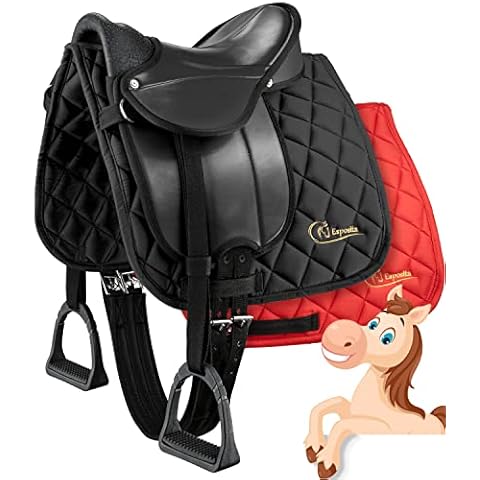 Esposita Shetty Sattel Set zum Reiten für Kinder, geeignet für Shettys, echte Ponys und Holzpferde oder Plüschpferde - Komplettset: Sattel, Satteldecke, Sattelgurt, Steigbügel, Riemen (Schwarz) Cover