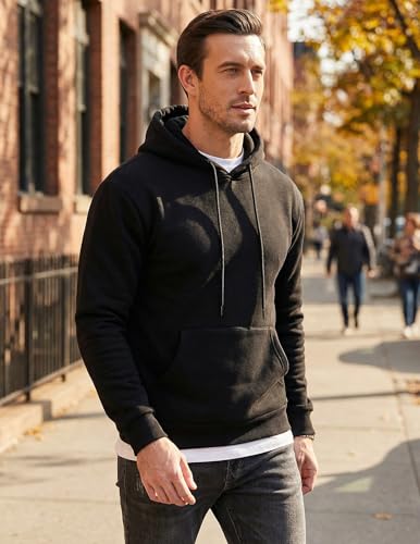 Image of JMIERR Mens Fleece Lined Hoodie Pullover Drawstring Pocket Winter Warm | Cozy fleece-lined pullover, adjustable drawstring hood, kangaroo pocket, regular fit, machine wash