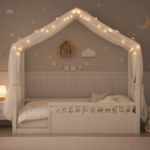 Image of Bellemave Full House BedFrame with Canopy, Montessori House Bed with LED and Bookshelf and Rails for Kids, White