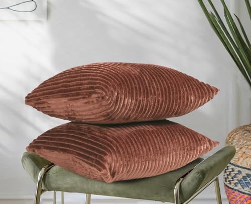 Image of RD TREND Cushion Cover Set of 2, Decorative Sofa Living Room Home Square Cushion Covers 24 Inch x 24 Inch, Aesthetic Corduroy Striped Double Sided (Coffee)