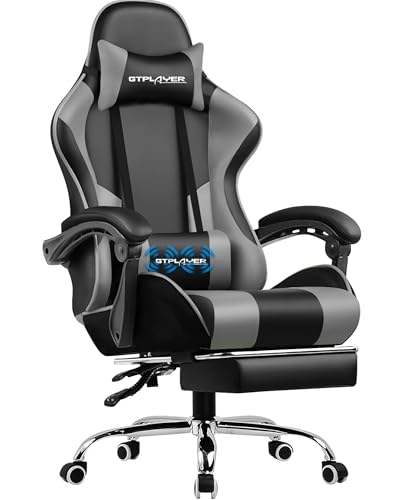GTPLAYER Sedia da Gaming, Ergonomico Sedia da Ufficio, con Massaggiante poggiapiedi e supporto lombare, Schienale Regolabile 90-135°, Portata 150 kg, sedia per computer,Grigio