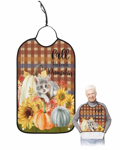 LEOKOTI Fall Pumpkins Cat Adult Bibs for Eating, Waterproof Bibs with Food Catcher & Adjustable Snap Closure, Thanksgiving Sunflower Plaid Washable Clothing Protectors Adult Bibs for Elderly Women/Men
