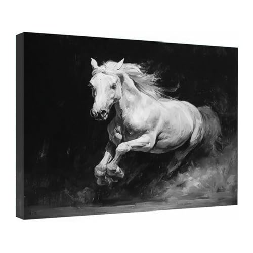 Peinture cheval noir et blanc sur toile encadrée haut de gamme