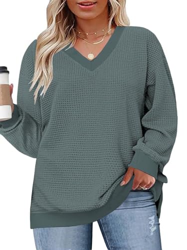 Image of DOLNINE Plus-Size-Tops for Women Casual V Neck Pullover Cute Waffle Knit Lantern Sleeve Sweaters Fashion Side Split Tunics