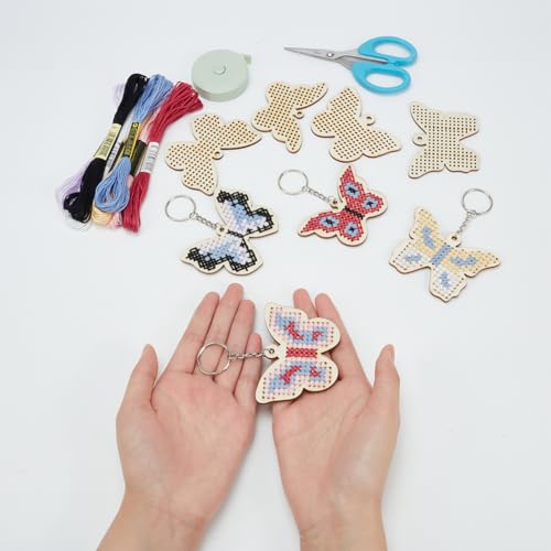 Image of FREEBLOSS 16 Set Wooden Cross Stitch Kits DIY Keychain Wooden Embroidery Set Butterfly Wooden Threading Kit with Instruction Sewing Kits for Ages 8-12 DIY Project Art Craft for Holiday Gift