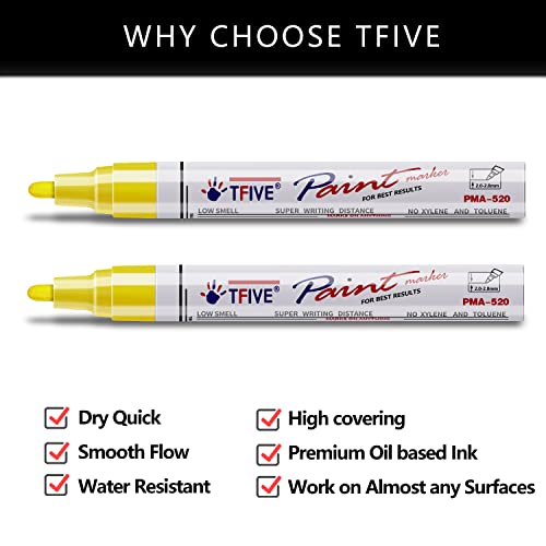 Tfive Yellow Permanent Paint Marker Pens - 2 Count Oil Based Marker Pen, Medium Tip, Waterproof & Quick Dry, For Office, Art Projects, Rock Painting, Ceramic, Glass, Wood, Plastic, Metal, Canvas #TOP1