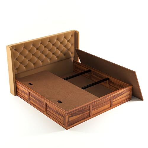 Image of Solid Sheesham Wood King Size Bed with Storage | Wooden Double Bed Cot Bed with Box Storage & Velvet Upholstered Cushioned Headboard for Bedroom (Honey B, King)
