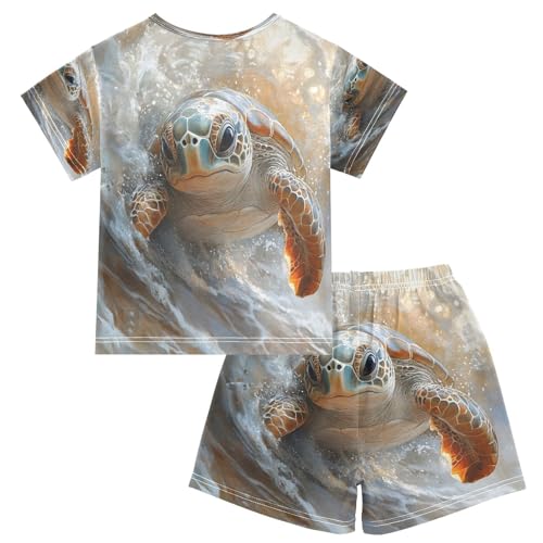 ALAZA Sea Turtle Ocean Wave Pajamas Set Short Sleeve Cotton Sleepwear Summer Pjs 2 Piece 5-14Y2