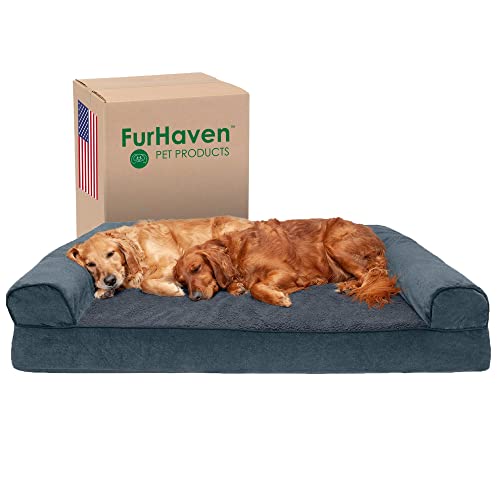Image of Furhaven Orthopedic Dog Bed for Large Dogs w / Removable Bolsters & Washable Cover, For Dogs Up to 125 lbs - Sherpa & Chenille Sofa - Orion Blue, Jumbo Plus /XXL