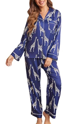Image of Brosloth Women's Silk Satin Pajamas Pjs Sets Cute Lace Pattern Two Piece Loungewear Set Button Up Pajamas Sleepwear Black