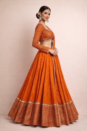 Image of Suppar Sleave Women's Embroidered Vichitra Silk Lehenga Choli Dupatta Set Semi-Stitched Blouse and Fit & Flare Style