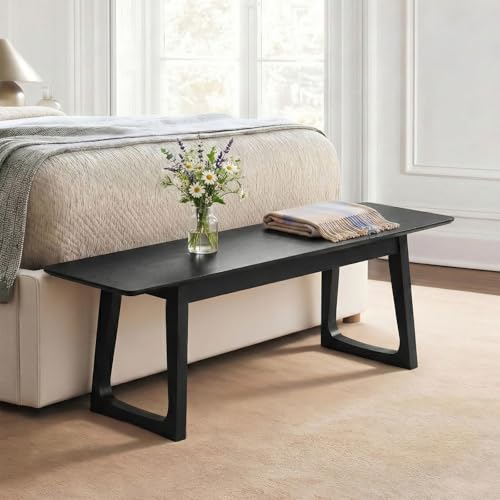 Image of HNY Black Dining Bench, Farmhouse Solid Entryway Bench, 55 Inch Long Wooden Bench, Kitchen Dining Seat for Entryway /Dining Room /Kitchen /Living Room