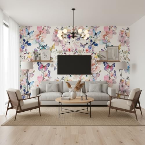 Image of Watercolor Butterfly and Floral Wallpaper,Pink and Blue, Self-Adhesive Peel and Stick Contact Paper Wall Stickers for Girls' Room Nursery Decor Cafe Walls, Hotel,Bedroom (45X300 CM)