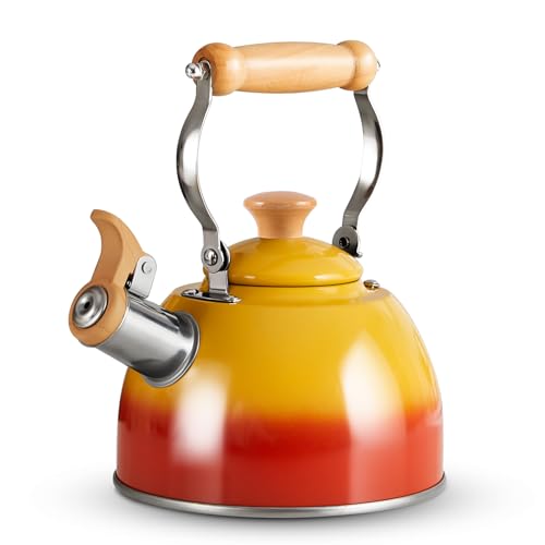 ROCKURWOK Tea Kettle, Tea Pot with Cool Touch Ergonomic Handle, Teapot Food Grade Stainless Steel, Tea Kettle Stovetop, Kettle Teapot, Whistling Tea Kettle, Small Tea Pot, 1.6 Quart (Orange)