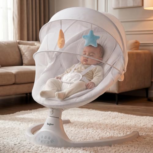 Image of Baybee Electric Baby Swing with Adjustable Speed & Soothing Music | Baby Relaxing Swing Jhula with Mosquito Net, Safety Belt & Removable Toy | Rocking Function Cradle for New Born Babies (White)