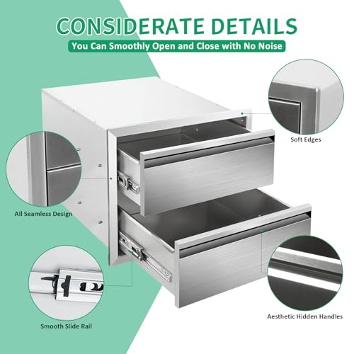 Image of Outdoor Kitchen Drawers 18 inch W x 15 inch H x 23 inch D Stainless Steel Double Drawers with Hidden Handle for BBQ Island, Patio Grill Station & Outdoor Kitchen Cabinets