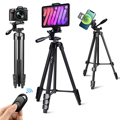 Tripod, Lusweimi 55-Inch Tripod for iPad Mini 6, Phone Tripod for iPhone iPad Air 11inch with Tablet Smartphone/Webcam/Video Camera, Tripod Stand with Bluetooth Remote & Bag for Vlog/Selfie/Photo