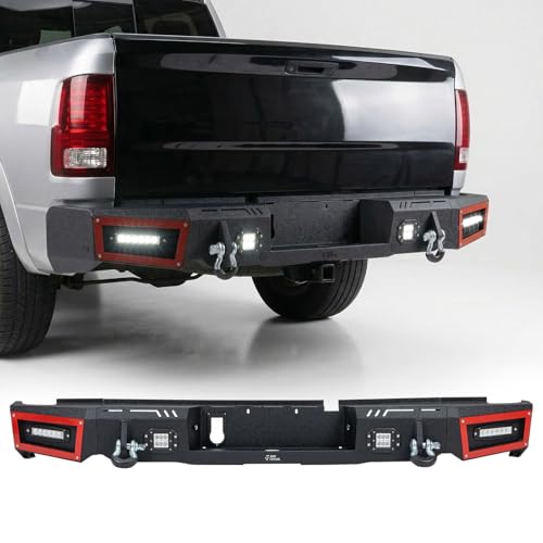 JOYTUTUS Rear Bumper Compatible with Ram 1500 2009-2018 & Classic 2019-2024 Truck Back Bumper w/LED Lights 3/4 D-Rings Tow Hitch Heavy Duty Steel