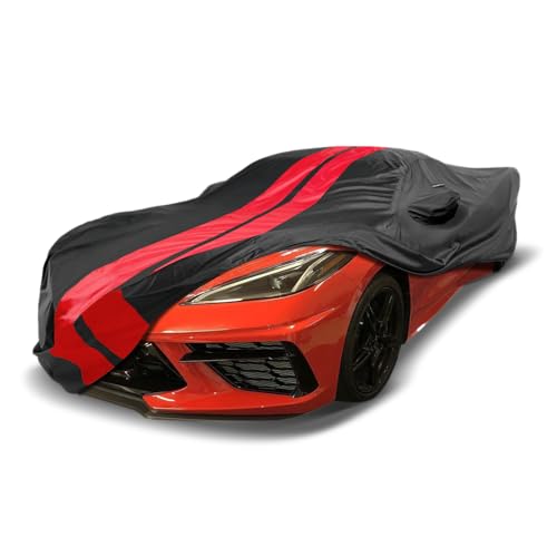 Image of Coverland Custom Car Cover Waterproof All Weather for 2020-26 Chevy Corvette C8, Stingray, E-Ray, Z06 w /High Wing Spoiler, Weatherproof Car Covers for Automobiles Protection, Stripe(Black /Red)