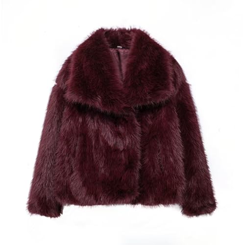 Women's Cropped Faux Fur Jacket Lapel Cardigan Shrug 2025 Winter Fluffy Faux Fur Coat, Wine Red, M